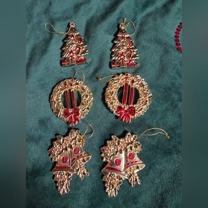 Vintage Joybrite Christmas Ornaments: Metallic Wreaths, Bell, Tree (Lot of 6)